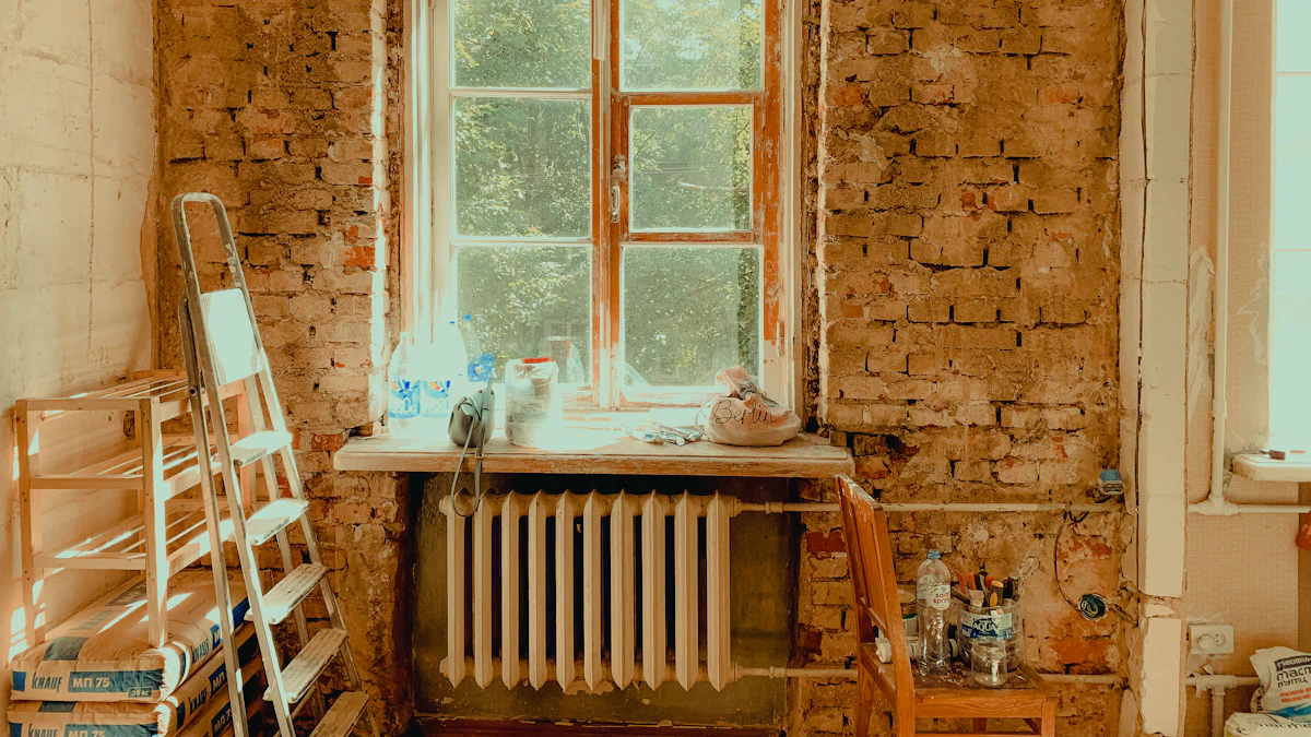 Pièce en cours de rénovation avec une fenêtre, un radiateur et une échelle
