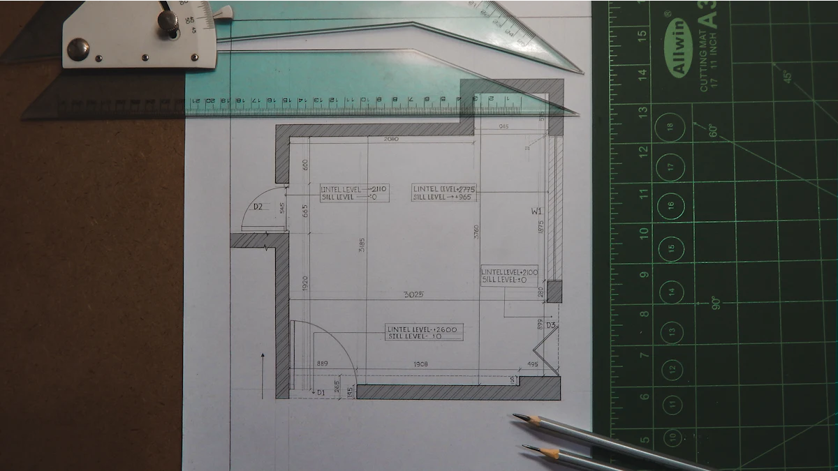 Plan d'appartement dessiné, avec règle et crayons