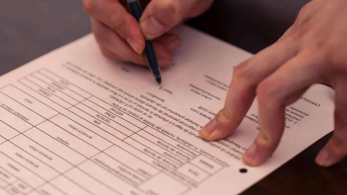 Une main annote un contrat de location comportant plusieurs rubriques