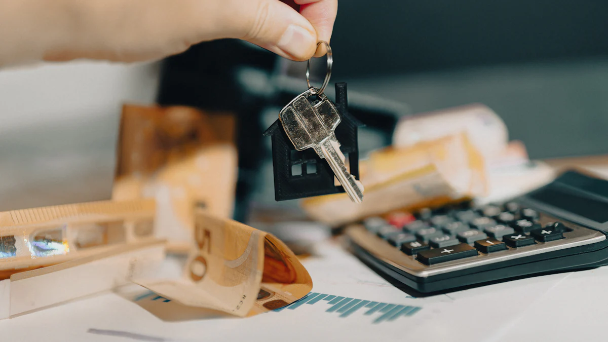 Clé de maison posée devant une calculatrice et des documents