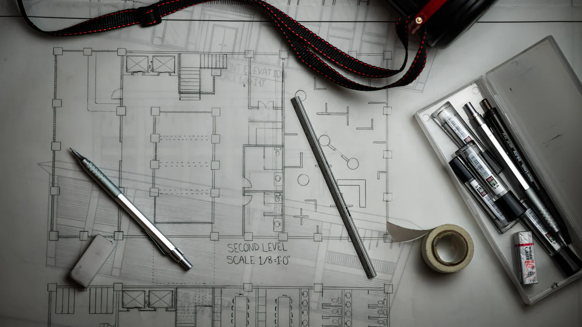 Plan d'un logement posé sur une table avec des stylos et des outils de dessin